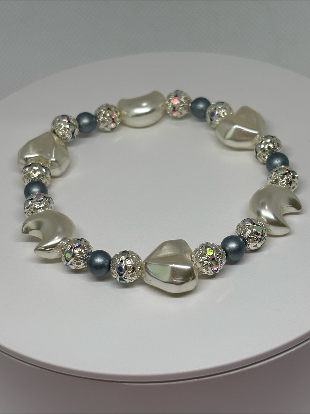 Hand Crafted Pearl-Inspired White & blue Premium Glass Beaded Stretch Bracelet